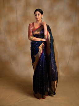 PRIYANKA RAAJIV - Sora Royal Blue Silk Chanderi Saree with Unstitched Blouse