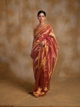 PRIYANKA RAAJIV - Teej Pink Gold Silk Tissue Chanderi Saree with Unstitched Blouse