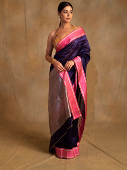 PRIYANKA RAAJIV - Vishu Bonnet Blue Silk Chanderi Saree with Unstitched Blouse