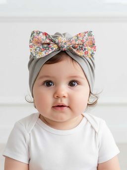 Polka Tots - Lycra Floral Print Bow Cap Baby Girls - Grey (1-2 Years)