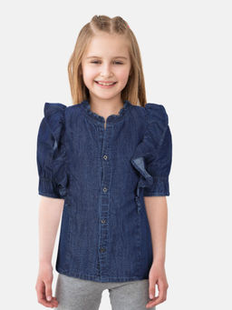 Gini & Jony - Girls Navy Blue Denim Solid-plain Knits Top Half Sleeves