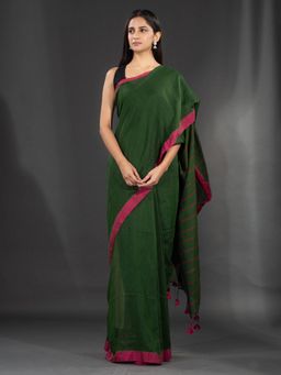 CHARUKRITI - Bottle Green Cotton Hand Woven Soft Saree with Strip in Pallu with Unstitched Blouse