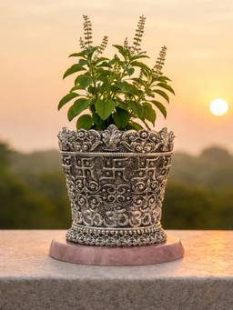TOUCH925 - 999 Silver Plated Swastik Tulsi Pot