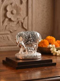 TOUCH925 - 999 Silver Plated Kamdhenu Intricate Carvings Idol