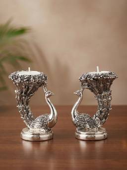 TOUCH925 - 999 Silver Plated Designer Peacock Candle Holder