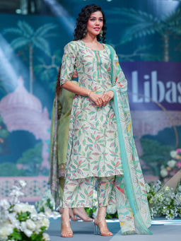 Libas - Off White Floral Printed Straight Kurta with Palazzo and Dupatta (Set of 3)