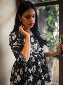Libas - Black Printed Cotton Anarkali Short Kurtis for Women