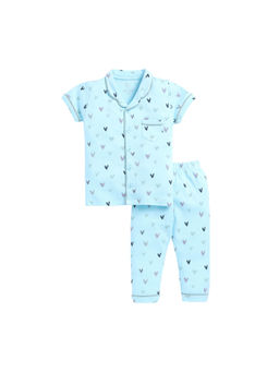 BABY GO - Girls Blue Printed Half Sleeves Collar Neck Shirt with Pyjama (Set of 2)