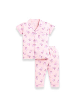 BABY GO - Girls Pink Printed Half Sleeves Collar Neck Shirt with Pyjama (Set of 2)