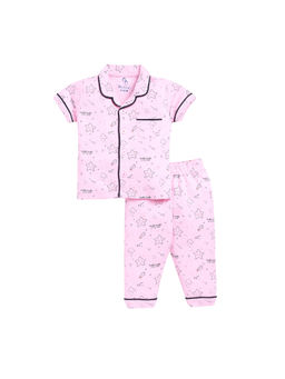 BABY GO - Girls Pink Printed Half Sleeves Collar Neck Shirt with Pyjama (Set of 2)