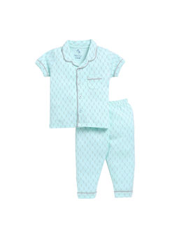 BABY GO - Girls Blue Geometric Half Sleeves Collar Neck Shirt with Pyjama (Set of 2)