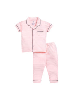 BABY GO - Girls Pink Stripes Half Sleeves Collar Neck Shirt with Pyjama (Set of 2)