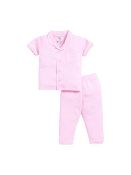 BABY GO - Girls Pink Stripes Half Sleeves Collar Neck Shirt with Pyjama (Set of 2)