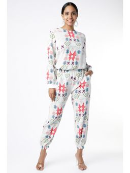 PS Pret by Payal Singhal - White Small Star Print Crepe Top with Jogger Pants (Set of 2)