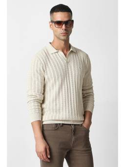 Van Heusen - Men Beige Textured Collar Neck Polo T-Shirt