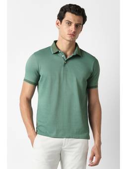 Van Heusen - Men Green Textured Collar Neck Polo T-Shirt