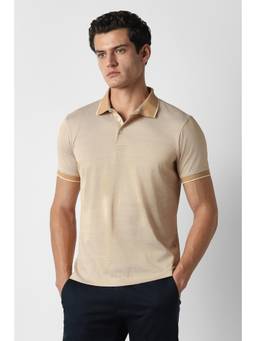 Van Heusen - Men Beige Textured Collar Neck Polo T-Shirt