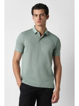 Van Heusen - Men Blue Textured Collar Neck Polo T-Shirt
