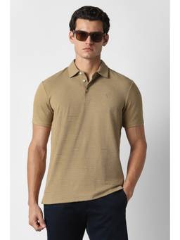 Van Heusen - Men Khaki Textured Collar Neck Polo T-Shirt