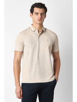 Van Heusen - Men Beige Textured Collar Neck Polo T-Shirt