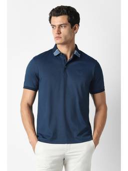 Van Heusen - Men Navy Blue Solid Collar Neck Polo T-Shirt