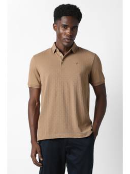 Van Heusen - Men Beige Textured Collar Neck Polo T-Shirt