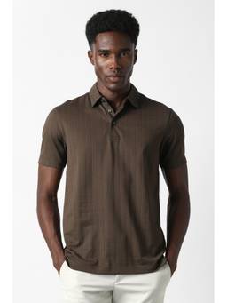Van Heusen - Men Brown Stripes Collar Neck Polo T-Shirt