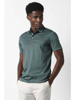 Van Heusen - Men Green Textured Collar Neck Polo T-Shirt