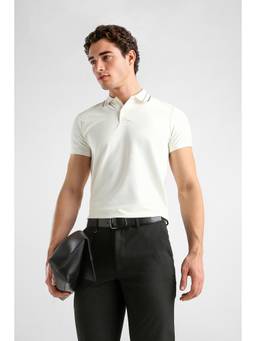 Van Heusen - Men Off White Solid Collar Neck Polo T-Shirt