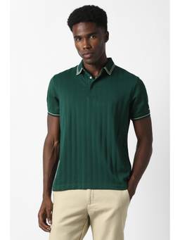 Van Heusen - Men Green Textured Collar Neck Polo T-Shirt