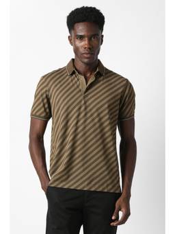 Van Heusen - Men Beige Stripes Collar Neck Polo T-Shirt