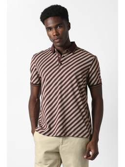Van Heusen - Men Beige Stripes Collar Neck Polo T-Shirt