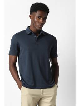 Van Heusen - Men Blue Textured Collar Neck Polo T-Shirt