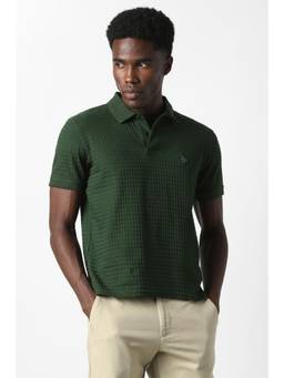 Van Heusen - Men Green Textured Collar Neck Polo T-Shirt