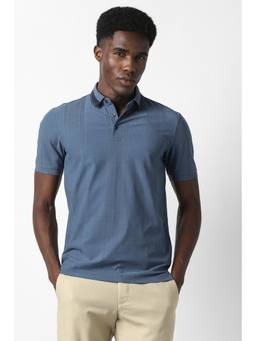 Van Heusen - Men Blue Textured Collar Neck Polo T-Shirt