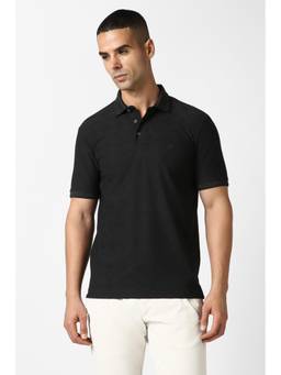 Van Heusen - Men Black Textured Collar Neck Polo T-Shirt