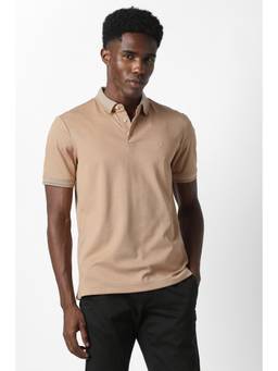 Van Heusen - Men Beige Solid Collar Neck Polo T-Shirt