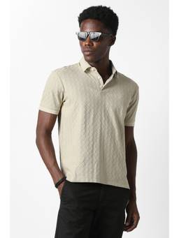 Van Heusen - Men Beige Textured Collar Neck Polo T-Shirt