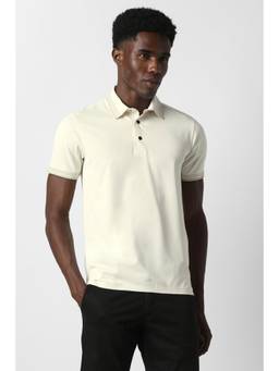 Van Heusen - Men Cream Solid Collar Neck Polo T-Shirt
