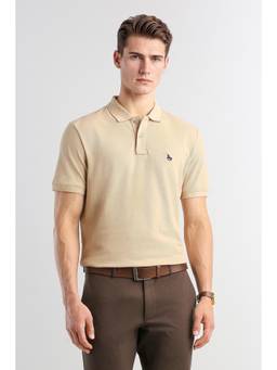 Van Heusen - Men Beige Solid Collar Neck Polo T-Shirt
