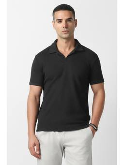 Van Heusen - Men Black Textured Collar Neck Polo T-Shirt