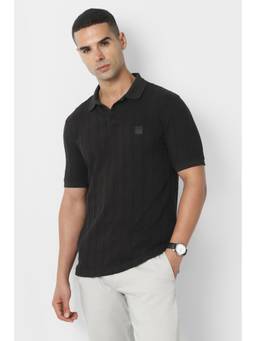 Van Heusen - Men Black Stripes Collar Neck Polo T-Shirt