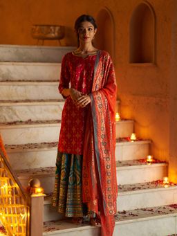 Aurelia - Red Printed Festive Kurta, Skirt and Dupatta (Set of 3)