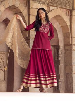 Aurelia - Maroon Embroidered Short Kurti Skirt and Dupatta (Set of 3)