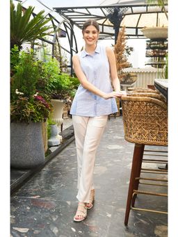 Aurelia - Women Blue Stripes Sleeveless Collar Neck Top