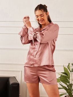 Chelvet - Pink Satin Shirt With Pyjama With Shorts