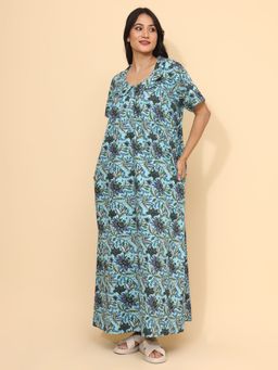 YELLOW BLOOM - Blue Cotton Nightdress