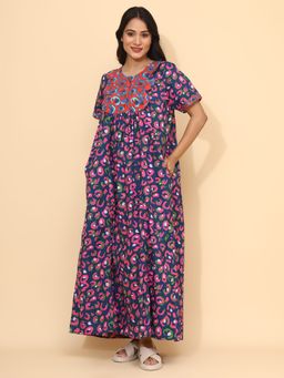 YELLOW BLOOM - Navy Blue Cotton Nightdress