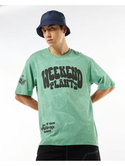 Bewakoof - Granite Green Weekend Plants Graphic Printed Oversized T-Shirt