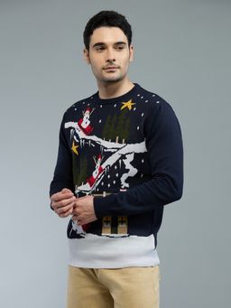 Style Quotient - Navy Blue Woven Christmas Ugly Sweater